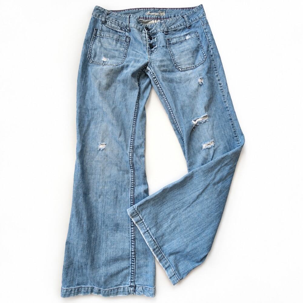 VTG Y2K American Eagle Hipster Flare Jeans 10 R Button Fly Distressed Pockets